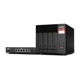 QNAP TS-473A + QSW-1105-5T Bundle Pack NAS Tower Ryzen Embedded V1500B 8 GB DDR4 0 TB QNAP Turbo System Black