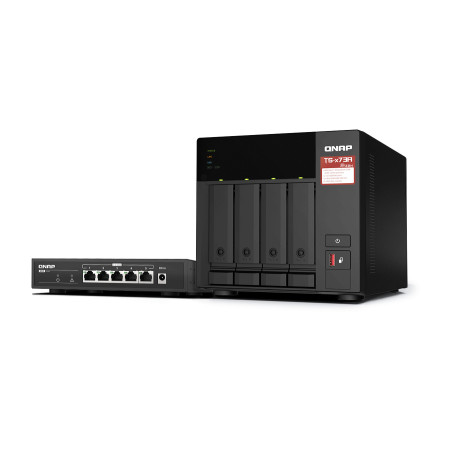 QNAP TS-473A + QSW-1105-5T Bundle Pack NAS Tower Ryzen Embedded V1500B 8 GB DDR4 0 TB QNAP Turbo System Black