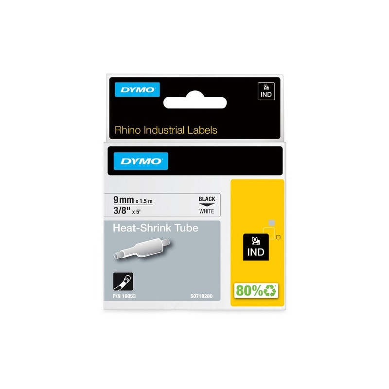 Dymo RhinoPRO Wire & Cable Label - 9 mm Width x 1500 mm Length - Rectangle - Thermal Transfer - Black on White - Polyolefin - He