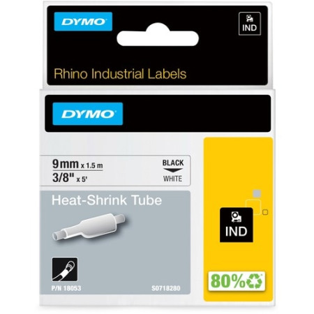 Dymo RhinoPRO Wire & Cable Label - 9 mm Width x 1500 mm Length - Rectangle - Thermal Transfer - Black on White - Polyolefin - He