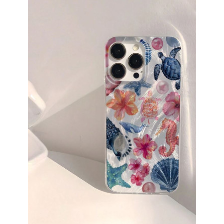 Summer silicone phone case with sea pattern, blue and orange shells for iPhone 11 Pro