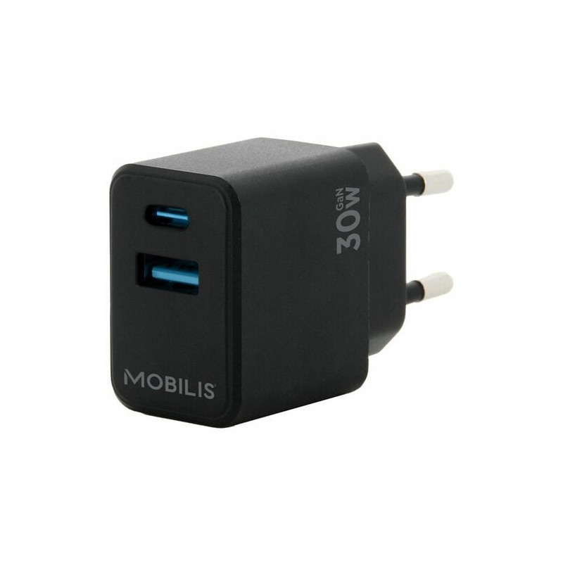 Adaptateur secteur MOBILIS - 30 W - Adaptateur universel - 1 USB - 1 USB Type-C - Pour Smartphone, Tablette PC - Noir