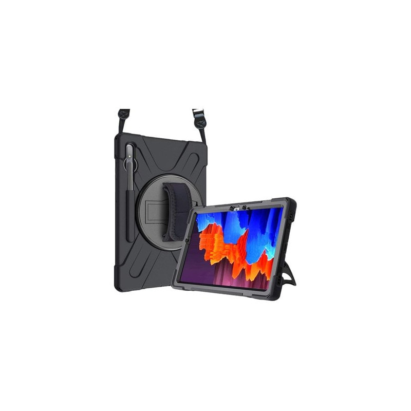 Coque renforcée avec emplacement stylet, bandoulière, poignée rotative et pied support