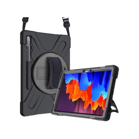 Coque renforcée avec emplacement stylet, bandoulière, poignée rotative et pied support