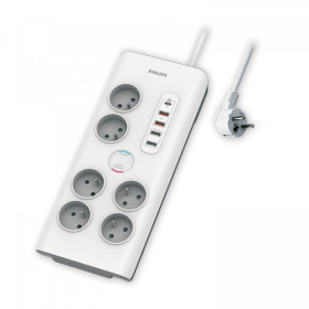 Philips - Surge Protector Power Strip, 6 Sockets + Type-C + 4xUSB-A - 2m White
