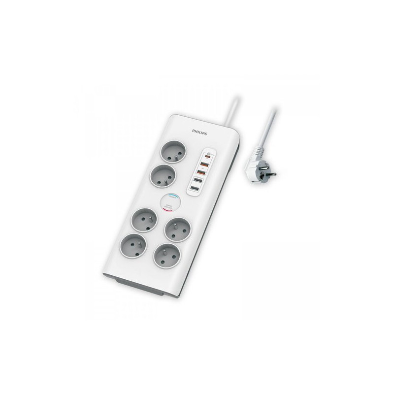 Philips - Surge Protector Power Strip, 6 Sockets + Type-C + 4xUSB-A - 2m White
