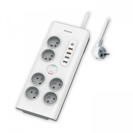 Philips - Multiprise parasurtenseur, 6 prises+Type-C+4xUSB-A-2m Blanc