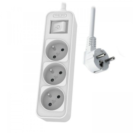 Philips - Extension cord with switch, 3 sockets - 1.5m White