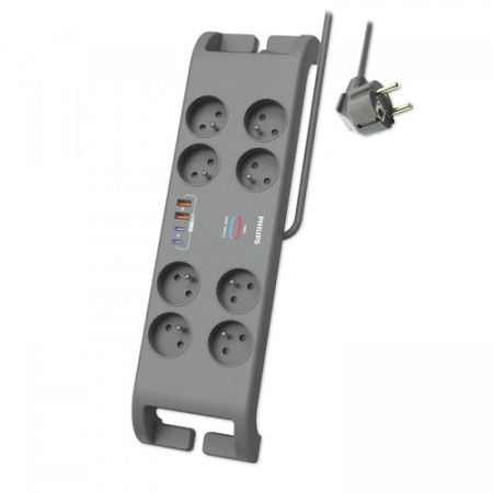 Philips - Surge Protector Power Strip, 8 Sockets + 2xType-C + 2xUSB-A - 2m Grey