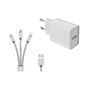 Chargeur secteur USB-A 12W avec câble 3 en 1