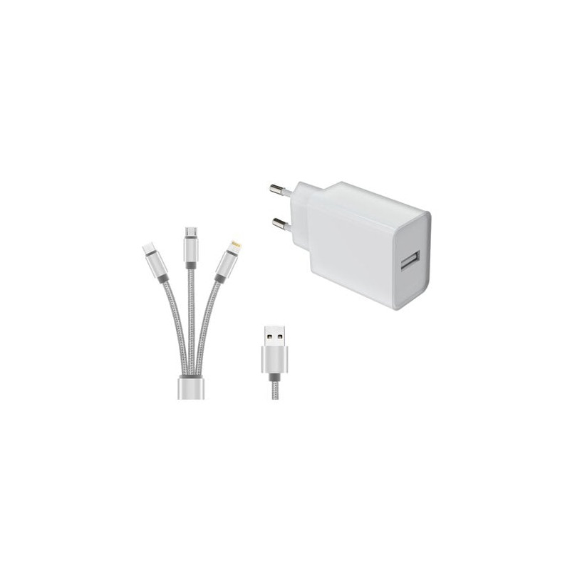 12W USB-A wall charger with 3-in-1 cable