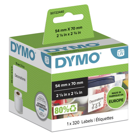 DYMO ® Authentic LabelWriter™ Multi-Purpose Labels | 54 mm x 70 mm | Self Adhesive | Roll of 320 Easy-Peel Labels | for