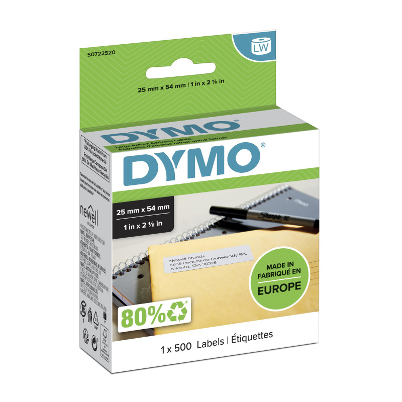 DYMO ® Authentic LabelWriter™ Large Return Address Labels | 25 mm x 54 mm | Self-Adhesive | Roll of 500 Easy-Peel Labels | for