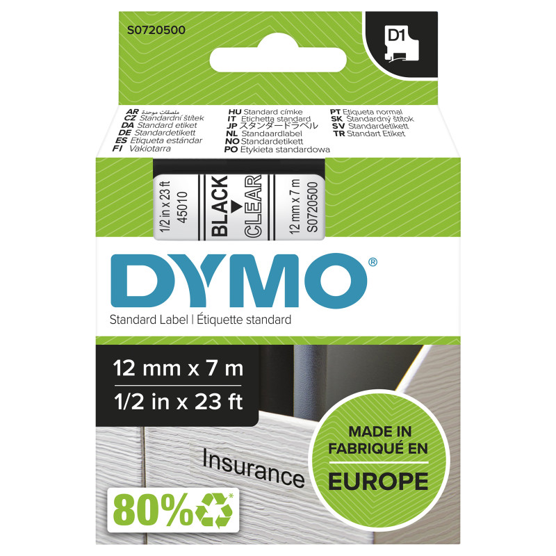 DYMO ® Authentic D1 Labels | Black Print on Clear Tape | 12 mm x 7 m | Self-Adhesive Labels for LabelManager Label Makers |