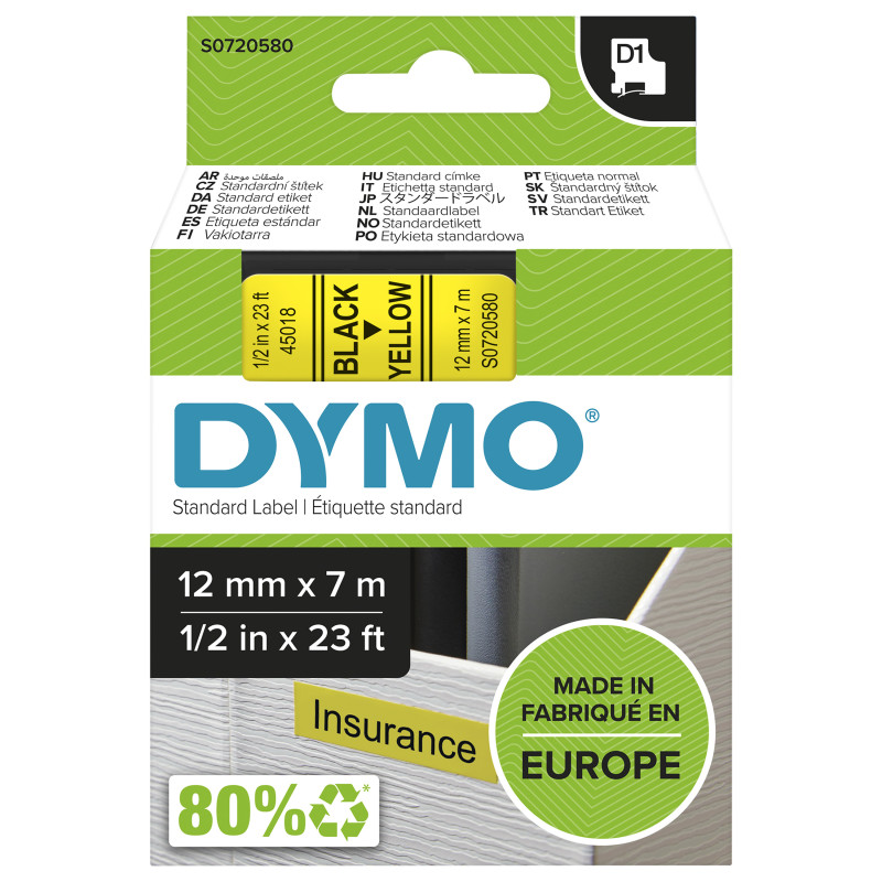 DYMO D1 étiquettes autocollantes authentiques | impression en noir sur fond jaune | 12 mm x 7 m | pour étiqueteuses LabelManager