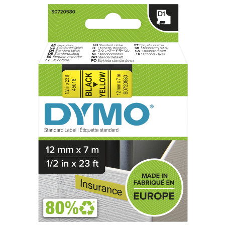 DYMO ® Authentic D1 Labels | Black Print on Yellow Tape | 12 mm x 7 m | Self-Adhesive Labels for LabelManager Label Makers |