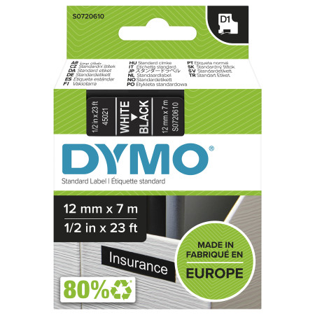 DYMO ® Authentic D1 Labels, White Print on Black Tape, 12 mm x 7 m, Self-Adhesive Labels for LabelManager Label Makers, Made in