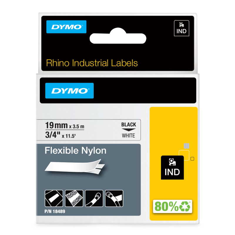 DYMO ® Industrial Flexible Nylon Labels | Authentic ® Labels, For Labeling Wires, Cables and More (3/4", Black on White)