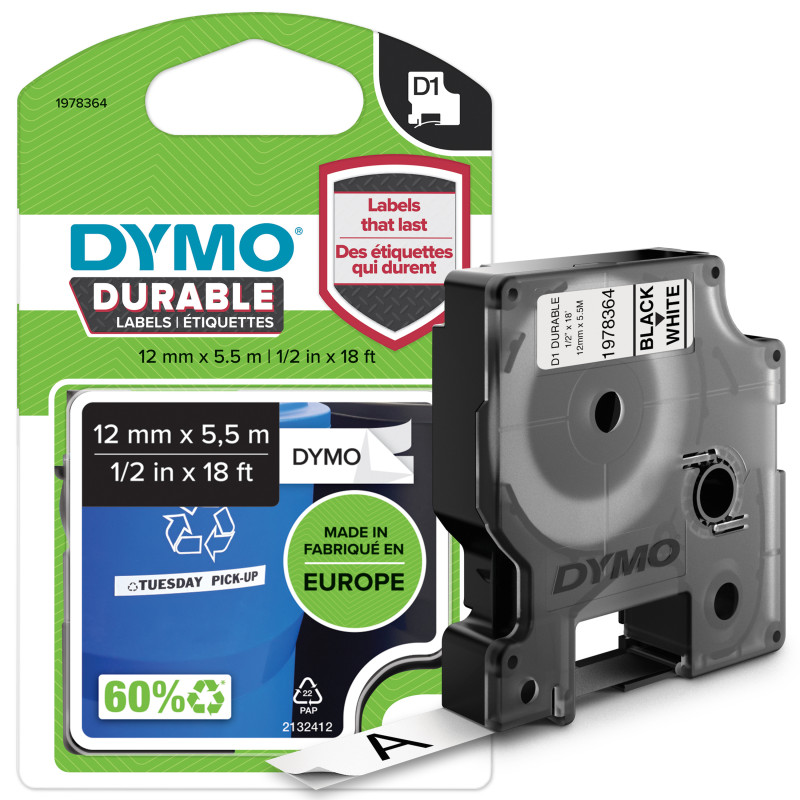 DYMO D1 Étiquettes résistantes | 12mm x 5,5m | impression en noir sur fond blanc | autocollantes étiquettes authentiques pour