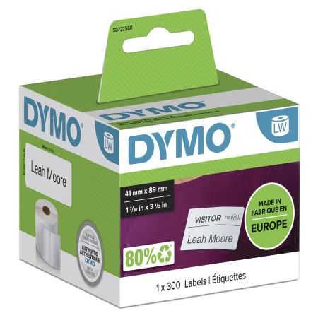 DYMO ® Authentic LabelWriter™ Small Name Badge Labels | 41 mm x 89 mm | Self-Adhesive | Roll of 300 Easy-Peel Labels | for