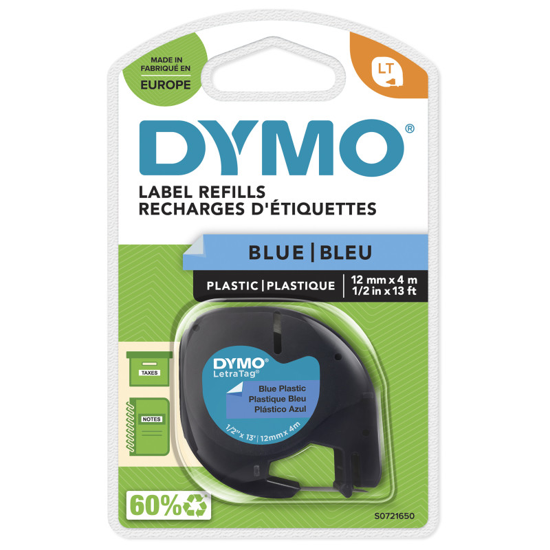 DYMO LetraTag Étiquettes en plastique Authentique | 12 mm x 4 m | impression en noir sur fond bleu | Étiquettes autocollantes