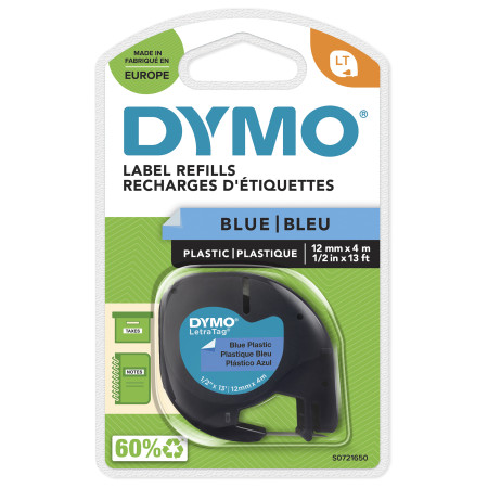 DYMO ® LetraTag Plastic Labels | Authentic | 12 mm x 4 m Roll | Black Print on Blue Labels | Self-Adhesive Multipurpose Labels