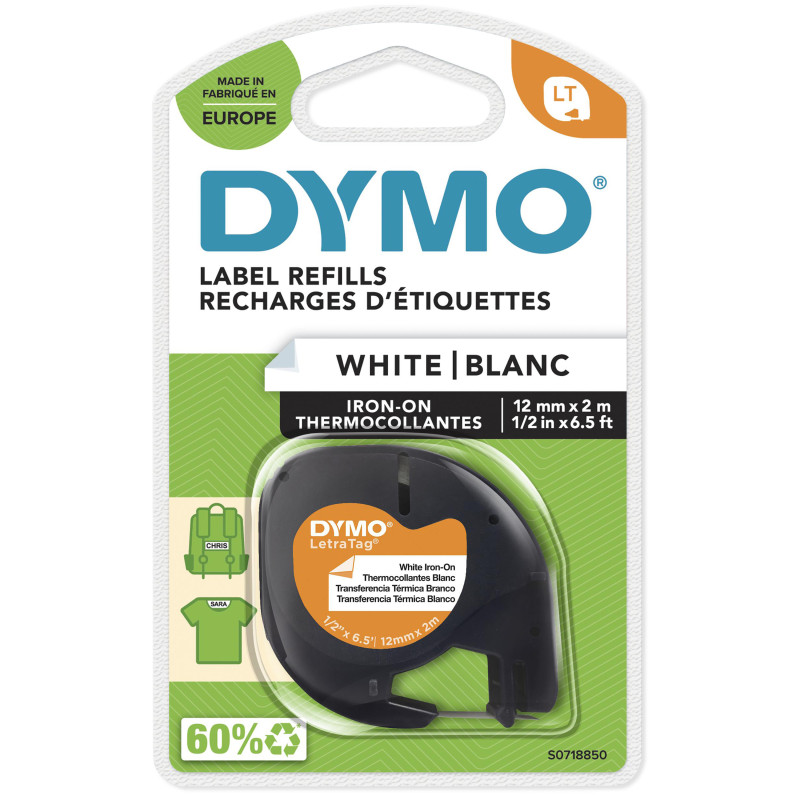 DYMO ® LetraTag Iron-On Fabric Labels | Authentic | 12 mm x 2 m Roll | Black Print on White | Iron-On Clothing Labels for