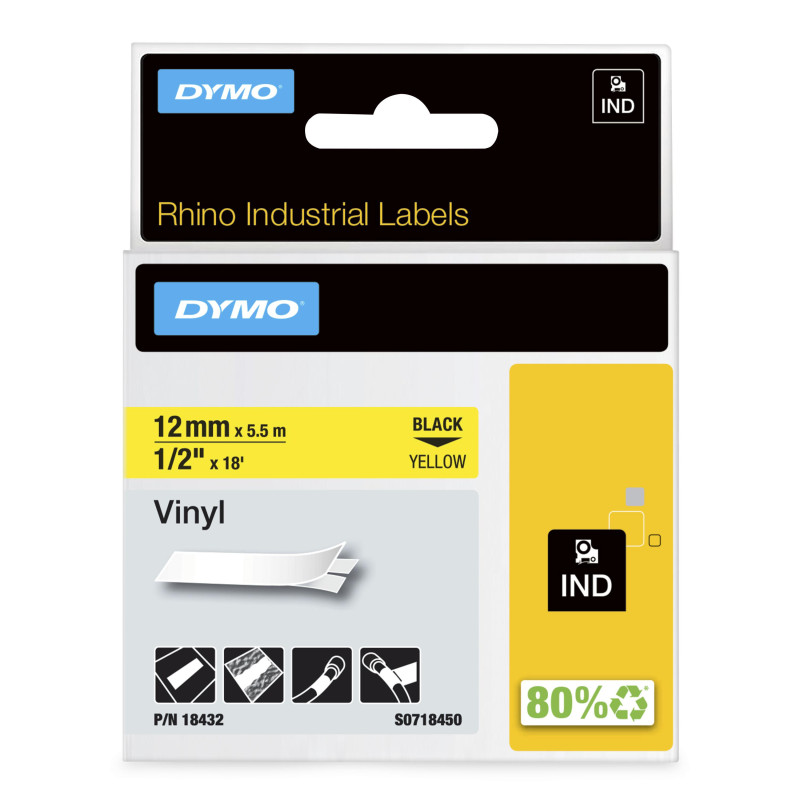 DYMO ® Rhino Industrial Vinyl Labels, 1/2", Black Print on Yellow Tape