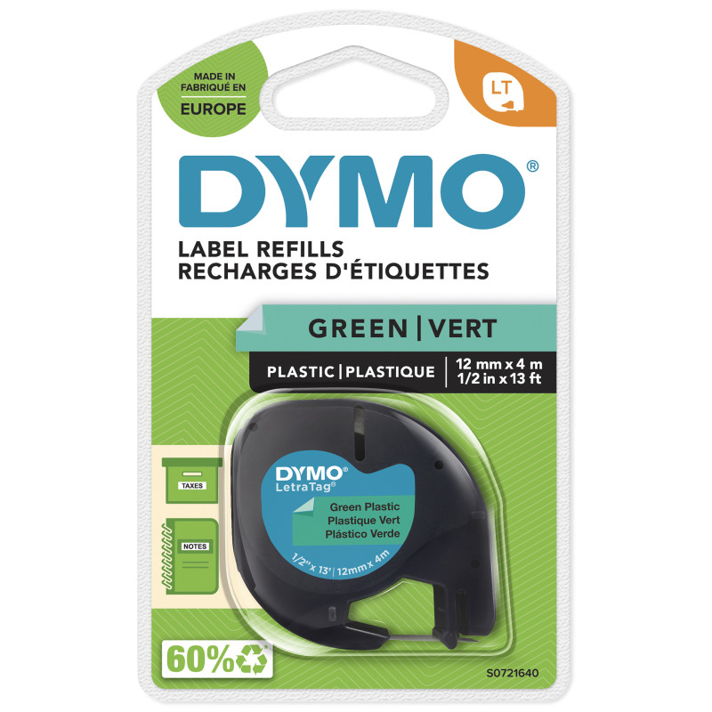DYMO ® LetraTag Plastic Labels | Authentic | 12 mm x 4 m Roll | Black Print on Green Labels | Self-Adhesive Multipurpose Labels