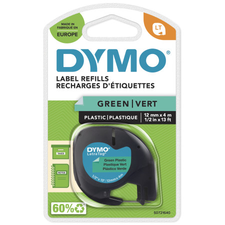 DYMO ® LetraTag Plastic Labels | Authentic | 12 mm x 4 m Roll | Black Print on Green Labels | Self-Adhesive Multipurpose Labels