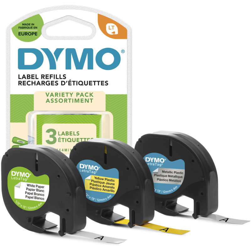 DYMO LetraTag Étiquettes Starter Set | 12 mm x 4 m (3 cassettes) | impression noir sur jaune/argent/blancpapier/plastique/métal