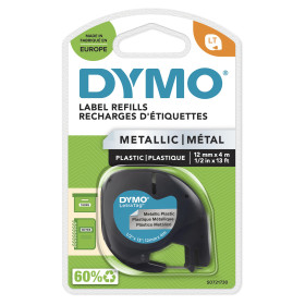 DYMO LetraTag Étiquettes Métallique Authentique | 12 mm x 4 m | Noir sur Argent | Étiquettes autocollantes pour étiqueteuse