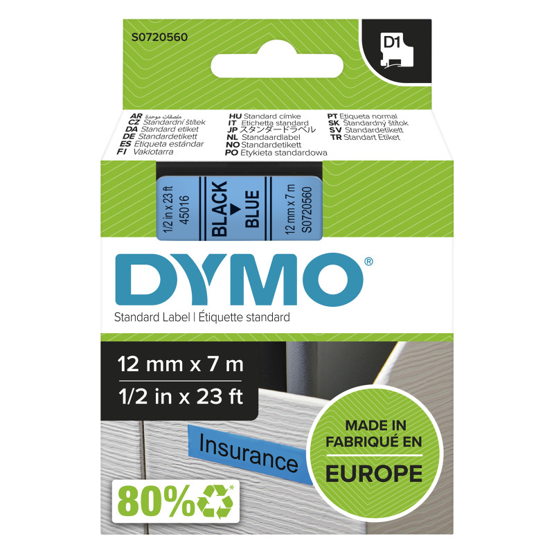 DYMO ® Authentic D1 Labels | Black Print on Blue Tape | 12 mm x 7 m | Self-Adhesive Labels for LabelManager Label Makers | Made