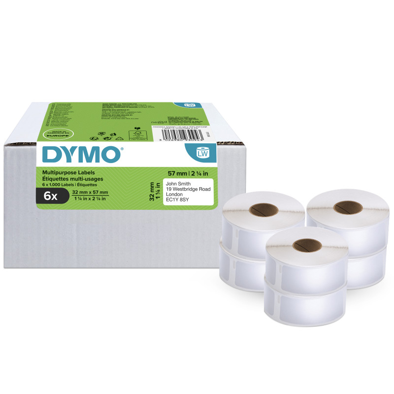 DYMO LW étiquettes autocollantes polyvalentes authentiques | 32 mm x 57 mm | 6 rouleaux de 1 000 étiquettes faciles à décoller