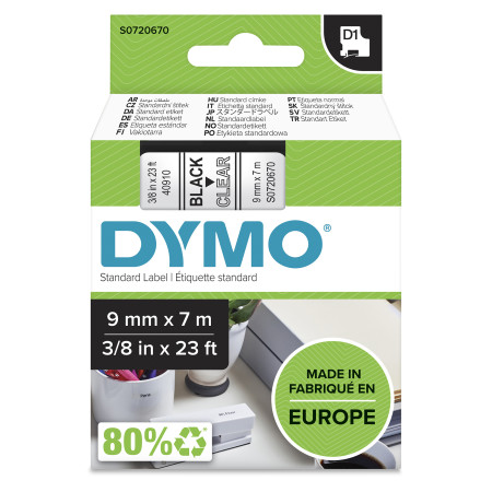 DYMO ® Authentic D1 Labels, Black Print on Clear Tape, 9 mm x 7 m, Self-Adhesive Labels for LabelManager Label Makers, Made in