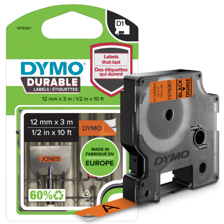 DYMO D1 Étiquettes résistantes | 12mm x 3m | impression en noir sur fond orange | autocollantes étiquettes authentiques pour