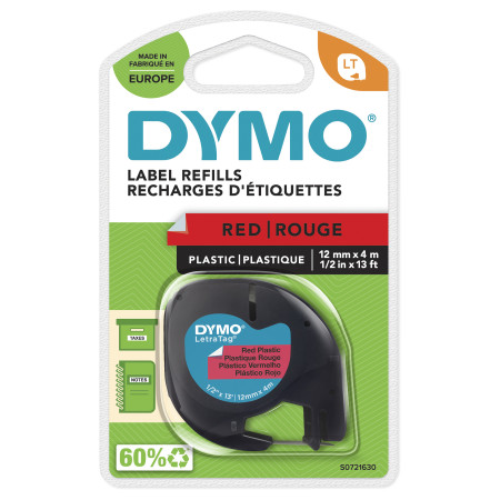 DYMO ® LetraTag Plastic Labels | Authentic | 12 mm x 4 m Roll | Black Print on Red Labels | Self-Adhesive Multipurpose Labels