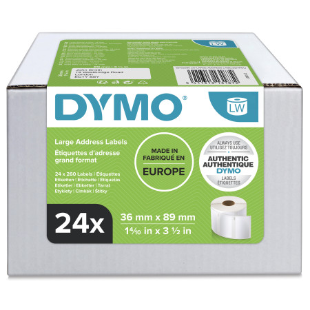 DYMO LW grandes étiquettes authentiques d'adresse autocollantes | 36 mm x 89 mm | 24 rouleaux de 260 étiquettes faciles à