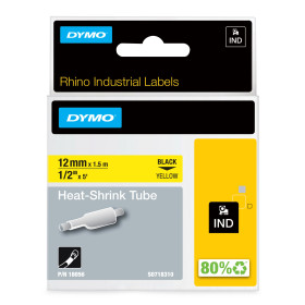 DYMO Rhino gaines thermorétractables industrielles | 12 mm x 1,5 m | Impression en noir sur fond jaune | pour étiqueteuses Rhino