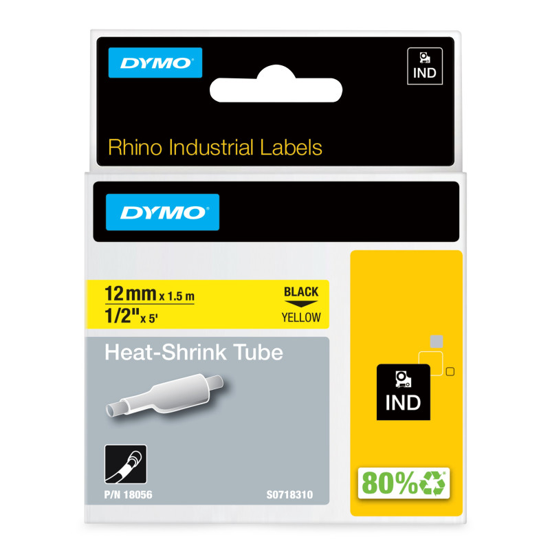 DYMO ® Rhino Industrial Heat-Shrink Labels, 1/2" Tube, Black Print on Yellow