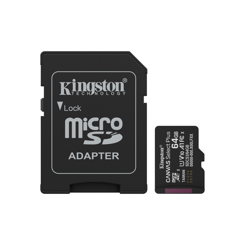 Kingston Technology 64GB microSDXC Canvas Select Plus Gen3 100MB/s A1 (Adaptateur SD inclus)