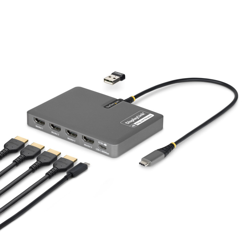 StarTech.com Adaptateur USB-C vers Station de Travail Quadruple Écran, HDMI 4K 60Hz, Passage PD 140W pour le Chargement