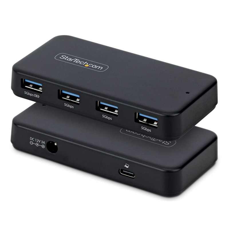 StarTech.com Hub USB-A à 4 Ports, 5 Gbps, Auto-Alimenté, Câble Hôte USB-C et USB-A 2 en 1, 1 Port de Chargement BC 1.2,