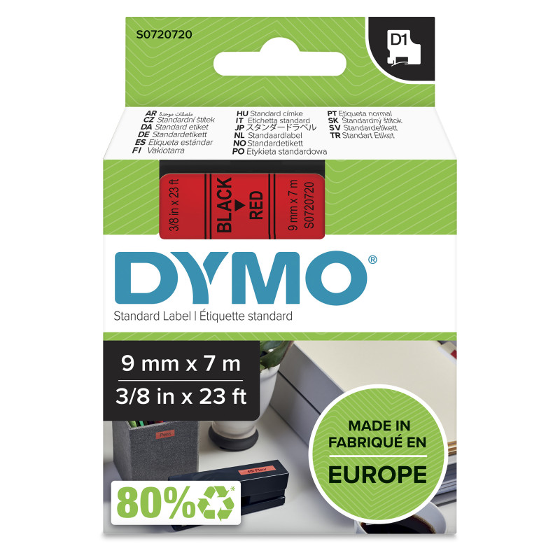 DYMO ® Authentic D1 Labels | Black Print on Red Tape | 9 mm x 7 m | Self-Adhesive Labels for LabelManager Label Makers | Made