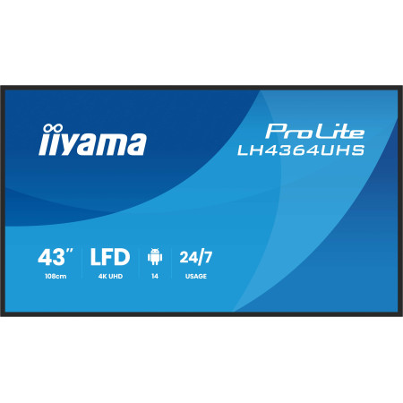 iiyama LH4364UHS-B1AG signage display Digital signage flat panel 43" LED Wi-Fi 500 cd/m² 4K Ultra HD Black Android 24/7