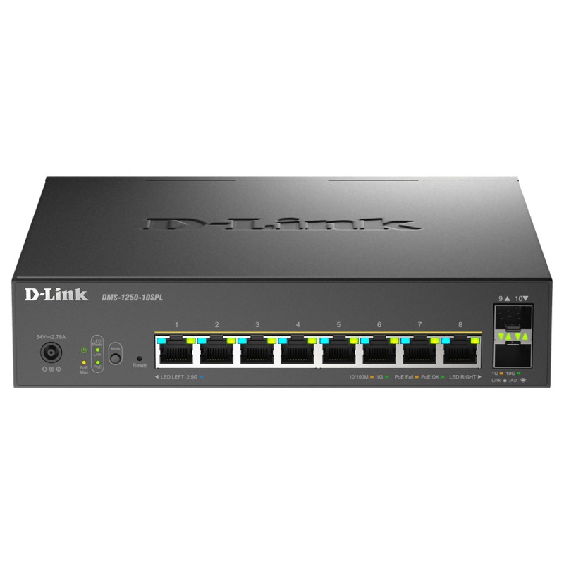 D-Link DMS-1250-10SPL Géré 2.5G Ethernet (100/1000/2500) Connexion Ethernet, supportant l'alimentation via ce port (PoE) Noir