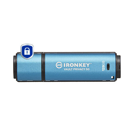 Kingston Technology IronKey Vault Privacy 50 USB flash drive 128 GB USB Type-A 3.2 Gen 1 (3.1 Gen 1) Black, Blue